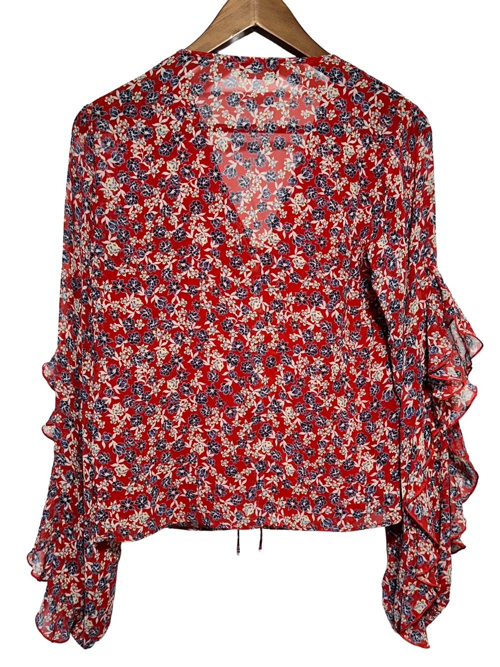 NICHOLAS 100% Silk Red Floral Blouse Ruffle Bell Sleeve Lace Up Sheer XS - Picture 5 of 6